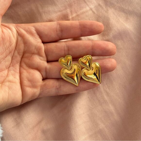 Puffed Double Heart Gold Valentine Earrings OS - Picture 10 of 10